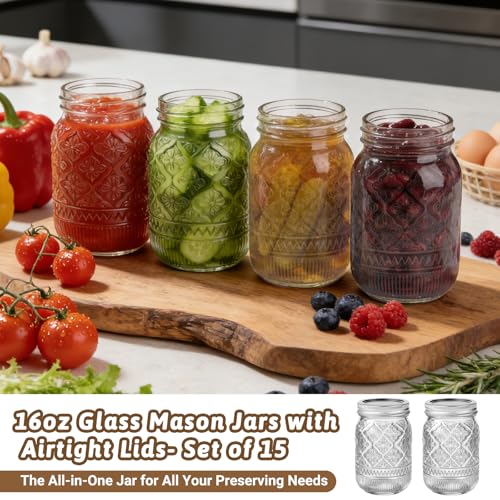 16oz Embossed Mason Jars 15-Pack with Airtight Lids and Bands - color: Clear03-16oz