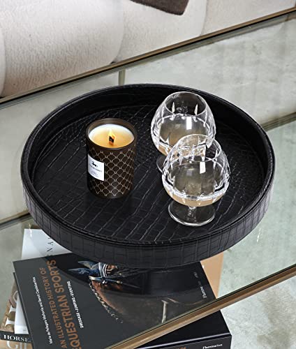 HofferRuffer Faux Leather Round Serving Tray, Vegan Croco Leather Decorative Tray, Food Tray for Storage Drinks, Snack & Cosmetics, Dia.12'' x 1.6'' (Black) - color: Black, size: 12"