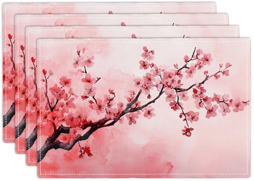 Japanese Cherry Blossom Placemats Set of 4, Pink Sakura Floral Place Mats, Flower Waterproof Washable Table Mats for Home Party Indoor Kitchen Dining Table Decoration 12x18 Inch - color: Cherry Blossom, size: Set of 4