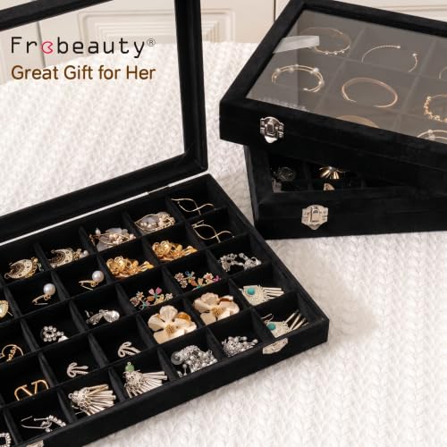 Frebeauty 35 Grid Earring Organizer,Velvet Jewelry Tray with Clear Lid - color: Black, size: 35 Grid
