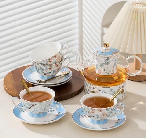 Jusalpha Porcelain Tea Set, Blue Floral Series, 4 Cups and Saucers with Teapot, Warmer, Filter and Spoon, 16 Pieces