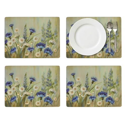 Pimpernel Fleurs des Champs Collection Placemat Set – (15.7" x 11.7") Cork-Backed Table Mats with Blue & White Cornflower Pattern, Heat & Stain Resistant with Lacquered Finish, Decorative Dining - size: 15.7" x 11.7" Rectangular, style: Fleur Des Champs