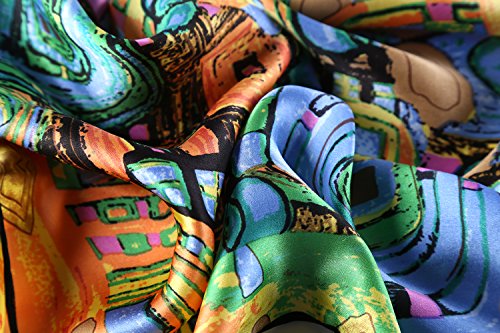 JWSilk Long Charmeuse Silk Scarf Classic Art Print - color: Turquoise