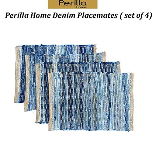 Perilla Home Natural Chindi Jute Placemats Set of 4 Vintage Boho 13x19 Inch Table Mats for Kitchen Dining Home Decor Rectangle Denim Blue Stripe Rustic Placemat