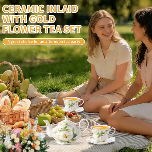 TATSUMI Country Roses Porcelain Tea Set, European Ceramic tea set for one or two,Vintage Style, For Women and Tea Parties (Green, 7 Pieces Set) - color: Green, size: 7 Pieces Set