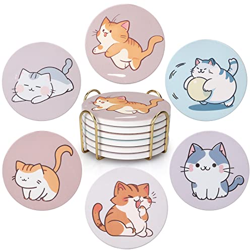 Cute Coaster Set of 6 Cat Lover Gift Kawaii Anime Decor Ceramic Coasters - color: Cat Set of 6