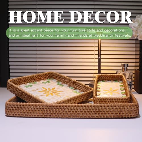 Rectangle Rattan Serving Tray with Mother of Pearl Inlay, Handmade Wicker Coffee Table Basket for Fruit Bread Food Tea Party Picnic Table Kitchen Home Boho Decor 3 Sizes (Yellow Flower) - color: Yellow Flower