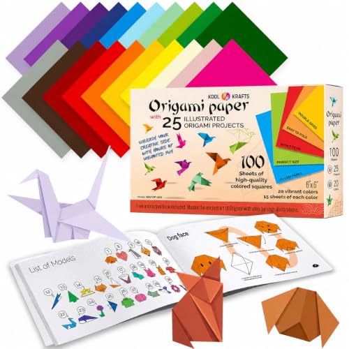 Origami Paper - 100 Origami Paper Kit - Set Includes, 100 Sheets 20 Colors 6x6, Origami Book 25 Easy Colored Projects, Kids Crafts, Christmas Gifts for boys 8-12 - size: 100 Sheets