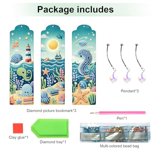 Tontut 3pcs Diamond Art Painting Kit Bookmarks, Marine Life Exquisite General DIY Bookmarks, Lightweight and Durable, Suitable for Reading Lovers - color: Marine Life