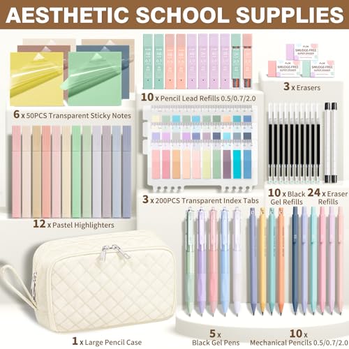 62PCS Aesthetic Back to School Supplies w/ Cute Pencil Case Stationary Set - color: Beige
