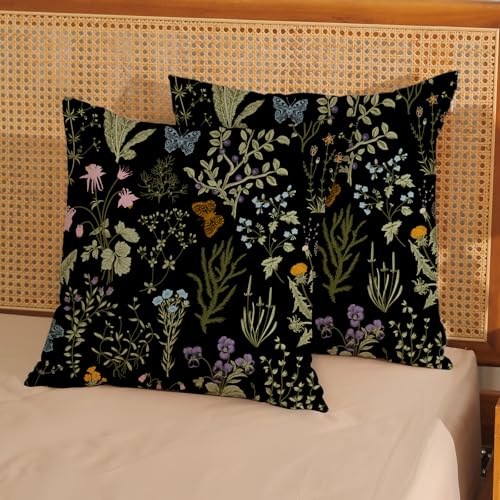 Floral Pillow Covers 18x18 Pack of 2 Black Green Botanical Wildflower Throw Pillow Covers,Spring Summer Plants Flower Decorative Pillowcase Farmhouse Cushion Case for Home Sofa,Outdoor Decor - color: Black Botanical Wildflower, size: 18" x 18" (Pack of 2)