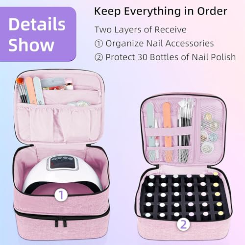 ALSLEA Nail Polish Organizer Holds 30 Bottles (15ml - 0.5 fl.oz) Double-layer Gel Nail Polish Kit Case, Nail Holder for Nail Lamp, Portable Nail Organizer and Storage for Nail Supplies (Pink) - color: Pink, size: 30 slots