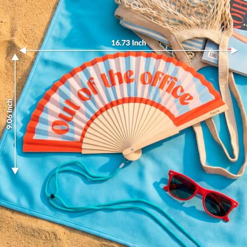 Fisura – Original folding fan with “Out of the Office” message. Colorful wooden folding fan in blue and red with strap included. Fun gift idea for travel beach days or summer events. 16.7 x 9 in. - color: Out of the Office, Blue Stripes