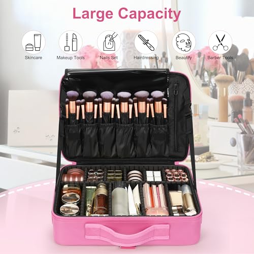 Relavel Makeup Case Large Makeup Bag Professional Train Case Travel Cosmetic Organizer Brush Holder Waterproof Makeup Artist Storage Box, 3 Layer Large Capacity, with Adjustable Strap, Rose Pink - color: Rose Pink, size: Large
