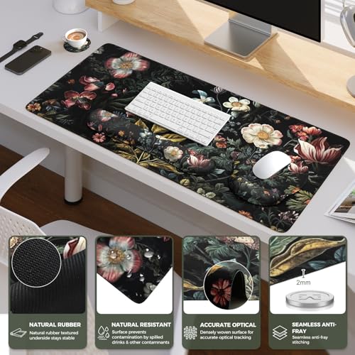iCasso Desk Cover Mat, 4in1 Floral Large Mouse Pad with Wrist Rest - color: Elegant-Flowers