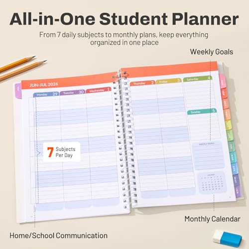 Student Planner 2026-2027, SUNEE Academic Weekly & Monthly Plan Book, Jul. 2026 - Jun. 2027, 6.5"×8.3" Middle & High School Planner, Lesson Plan Book with Week's Goals, Bookmark, Monthly Tabs, Beige - color: Beige, size: A5 6.5"×8.3"