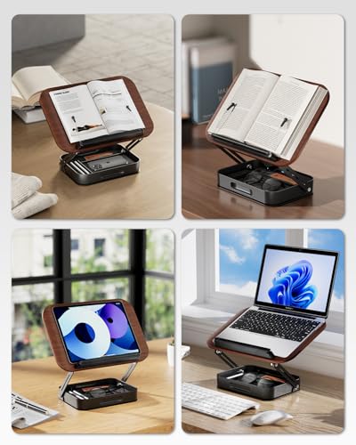 Adjustable Book Stand with Storage Drawer, 360° Rotating Book Holder, Height & Angle Adjustable, Extra-Wide Page Clips for Thick Books, Wood & Aluminum Book Stand for Desk, Study, Kitchen - color: Dark Wood