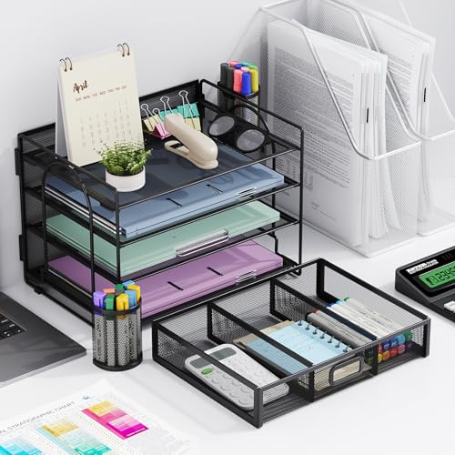Marbrasse Desk Organizer, 4-Tier Paper File Letter Tray, Black - color: Black With Pen Holder