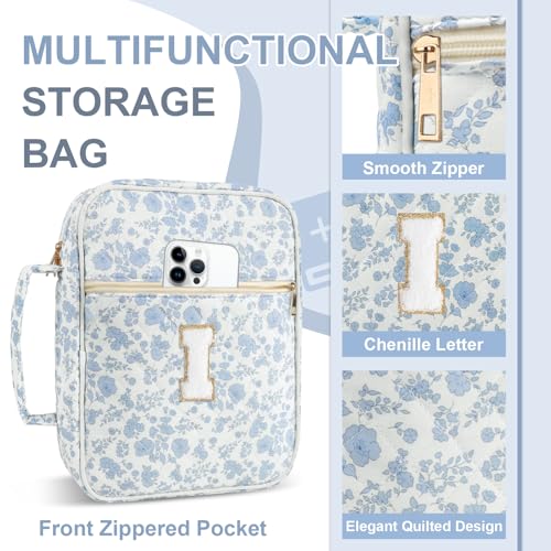 Personalized Initial Bible Cover Case for Women Girls Kid - Large Quilted Bible Case with Handle,Chenille Letter Bag Study Supplies,Christmas Gifts for Christians Birthday Graduation(Blue Flower-I) - color: Blue Flower, size: letter-I