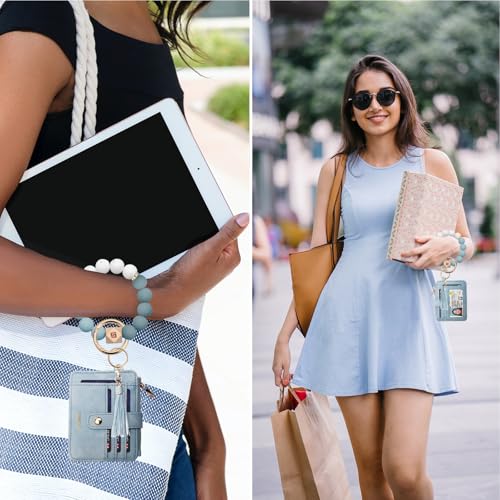 COOLANS Silicone Bracelet Wristlet Wallet Credit Card Holder RFID ID Window Key Ring Tassel Slim Wallet Women Keychain Purse - color: Denim Blue