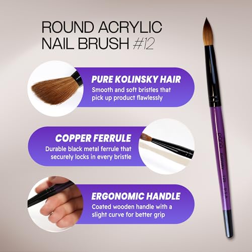 PANA Pure Kolinsky Hair Acrylic Nail Brush - Round Shape Black Ferrule with Purple Wood Handle (Size 12) - for Acrylic Nail Application Nail Extension Manicure Pedicure Salon Beginner and Professional - color: Purple, size: Size 12