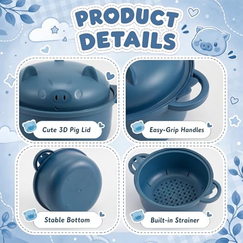 Large 45oz Cute Pig Ramen Bowl Set Microwavable Cooker, Dark Blue - color: Dark Blue