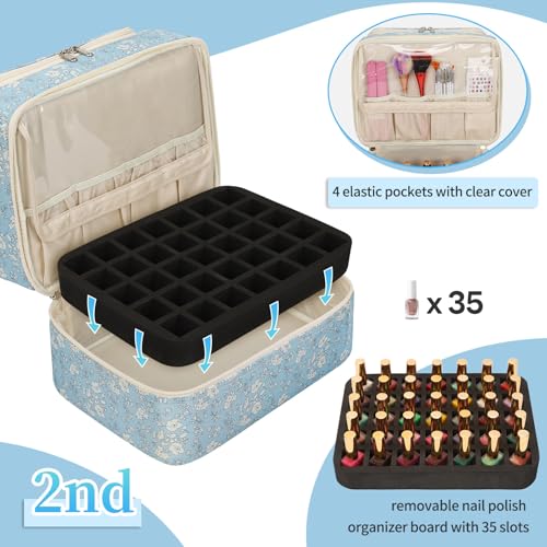 CUBETASTIC Nail Polish Organizer, Nail Supplies Storage Case Holds 45 Bottles Nail Polish & Nail Lamp, Travel Nail Tech Carrying Bag, Nail Kit Bag For Nail Stuff & Manicure Tools - color: Blue with White Flower, size: 45 Slots