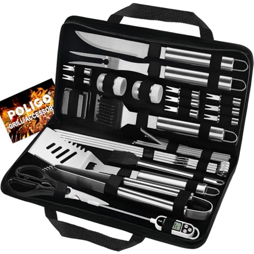 POLIGO 29 PCS BBQ Grill Accessories Stainless Steel BBQ Tools Grilling Tools Set with Storage Bag for Fathers Day Dads Birthday Presents - Camping Grill Utensils Set Ideal Grilling Gift for Men Silver - color: Silver