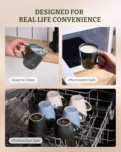 famiware Coffee Mug Set of 4, Ocean Round 11.5oz Coffee Cup Set with Handle - color: Ocean Round-Deep Forest, size: 4pcs