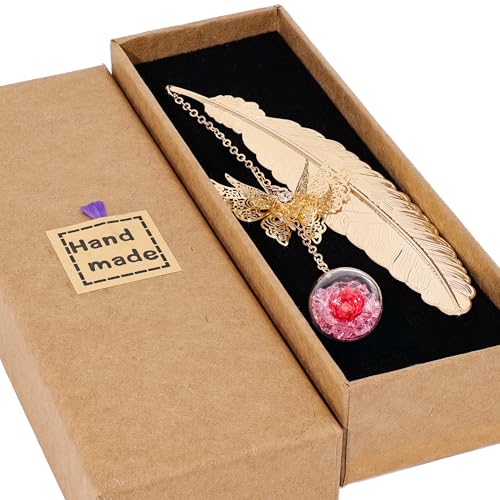 Toirxarn Metal Feather Bookmark, Back to School Teacher Gift for Women - color: Feather Gold - Pink Crystal With Red Flower