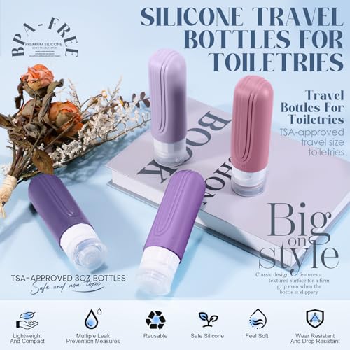 Travel Bottles for Toiletries, 3oz TSA Approved Travel Size Toiletries, Silicone Leak-Proof Refillable Containers, Squeezable Liquid Essentials Bottles W/Clear Bag (PURPLE) - color: PURPLE