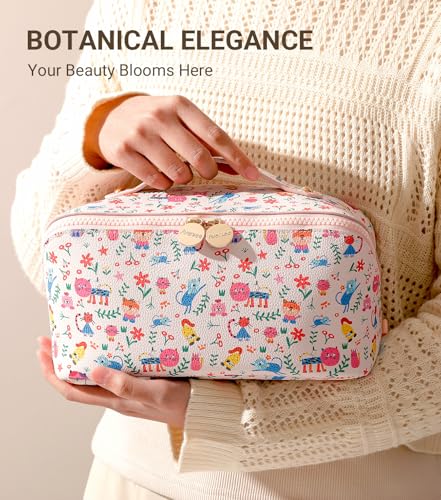 Aveniee Travel Makeup Bag for Women, Large Cosmetic Organizer with Open-Flat Design, Clear Divider & Handle - Waterproof PU Leather Toiletry Case, Cat Pattern - style: Sunshine Kitty