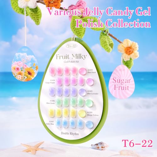 Double Rhythm 6 Pcs 15 ML Gel Polish Set Same Color Same Bottle Soak Off Gel Polish Kit Nail Art Manicure Salon DIY at Home for Women (Jelly Pink Purple Green Yellow Blue-T6-22) - color: Candy Pudding