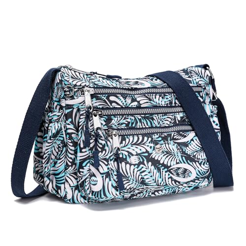 AOCINA Nylon Crossbody Bags for Women Multi Pocket Cross Body Purses - color: Blue Leaf, size: Small