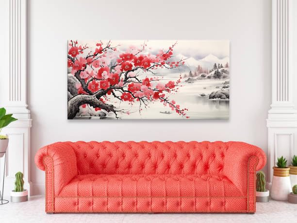 NAN Wind Asian Wall Art Traditional Chinese Painting Oriental Red Plum Blossom Canvas Pictures for Wall Decor Home decor for Living Room Cherry Blossom Decor Landscape Artwork Framed Ready to Hang - color: Red-One Piece, size: 40"L x 20"W