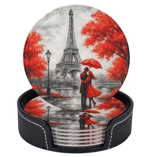 6 Pcs Leather Coasters for Drinks with Holder Red Eiffel Lovers Paris Coaster Sets Drink Table Cup Coasters for Kitchen Coffee Decor - color: Red Eiffel Tower Lovers