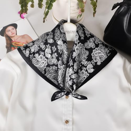 Women 100% Mulberry Silk Neck Scarf 21" Square Floral Neckerchief - color: Black White Paisley