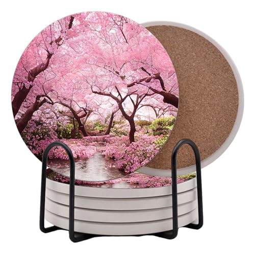 Spring Season Flowers Round Coasters Set of 6 - Abosrbent Ceramic Coasters with Metal Stand for Drinks, Coffee, Non-Slip Cork Back for Tabletop Protection, 4 Inches (Cherry Blossom) - color: Cherry Blossom
