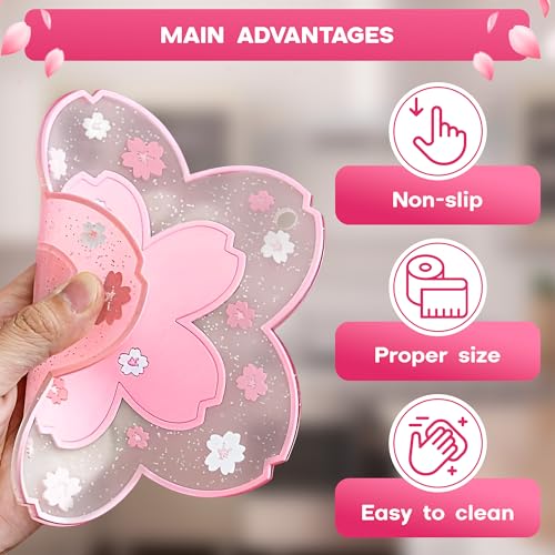 Cherry Blossom Coaster for Desk Set of 2, Non-Slip PVC Cup Mats - color: 2pcs Cherry Coasters
