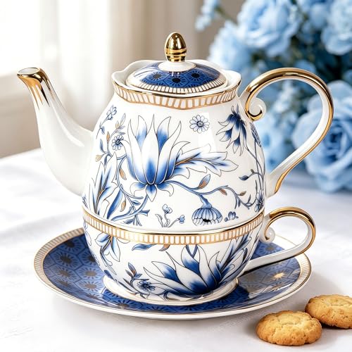 KAMMAK Tea for One Set, Ceramic Teapot, Bone China Tea Set, Cup and Saucer - color: Blue-GH7
