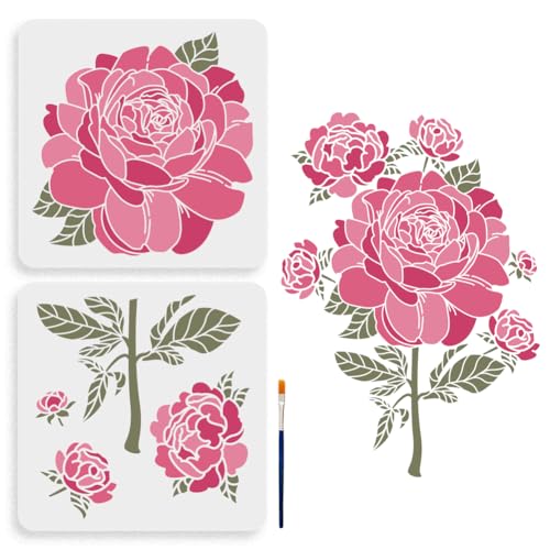 MAYJOYDIY 2pcs Peony Stencil 11.8×11.8inch Large Peony Flower Stencils for Painting Splicing Style with Paint Brush Spring Floral Peony Drawing Template for Wood Walls Canvas Furniture Art Crafts - color: Peony