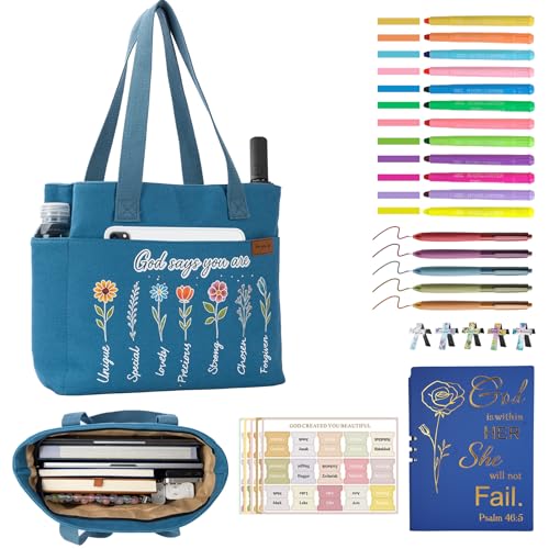 25 PCS Bible Study Supplies Kit, Large Capacity Canvas Tote Bag for Women Organizer, Bible Highlighters and Quick Dry Pens No Bleed Through, Notebook Bible Tabs Cross Bookmark Journaling Accessories - color: Blue