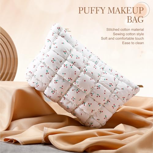 Hillban Cherry Color Puffy Quilted Makeup Bag for Women Gift, Classic - color: Cherry Color, size: Classic