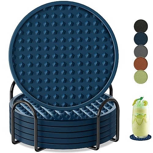 Coasters for Drinks 6 Pack Drinking Coasters with Holder,Heat Resistant Silicone Cup Mat Tabletop Protection,Non-Slip Rubber Coaster for Kinds of Cups (Blue) - color: Blue