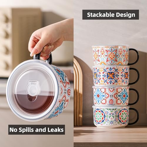 Jumbo Ceramic Soup Bowl with Lid, Microwave Safe - Pattern B - color: Pattern B, size: Set of 1