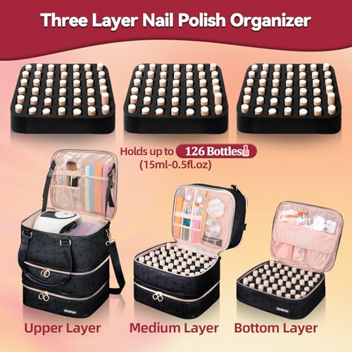 SIYNPAV Nail Polish Organizer Bag Holds 126 Bottles (15ml/0.5fl.oz)& Nail Lamp, 3 Layers Detachable Nail Kit Storage Case PU Leather, Large Travel Nail Supplies Shoulder Bag for Manicure Tools (Black)