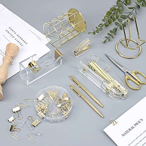 EOOUT Gold Office Supplies Set Desk Accessories, Acrylic Stapler Set Staple Remover, Phone Holder, Tape Holder, Pen Holder, 2 Ballpoint Pen, Scissor, Binder Clips, Ruler, Transparent Glue and Staples. - color: Gold