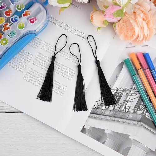 100 Pcs Bookmark Tassels Bulk Black Soft Craft Silky Handmade Mini Tassels for Jewelry Making with Loops for DIY Craft Accessory Dress Decoration - color: Black