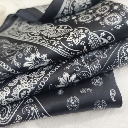 100% Mulberry Silk Neck Scarf for Women Square Neckerchief – 21 inch - color: Black Pattern