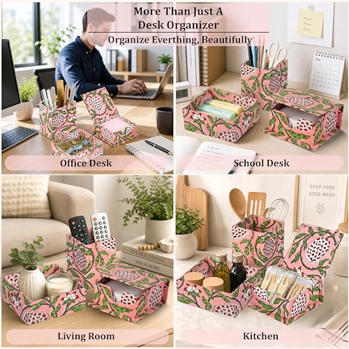 Ridhi Strawberry Pink Block Print Office Desk Organizer Pen & Note Holder - color: Strawberry Pink